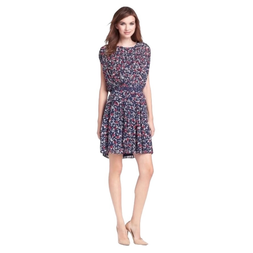 Joie Halsette Silk Floral Pleated Dress Navy Red Keyhole Back Women’s Medium